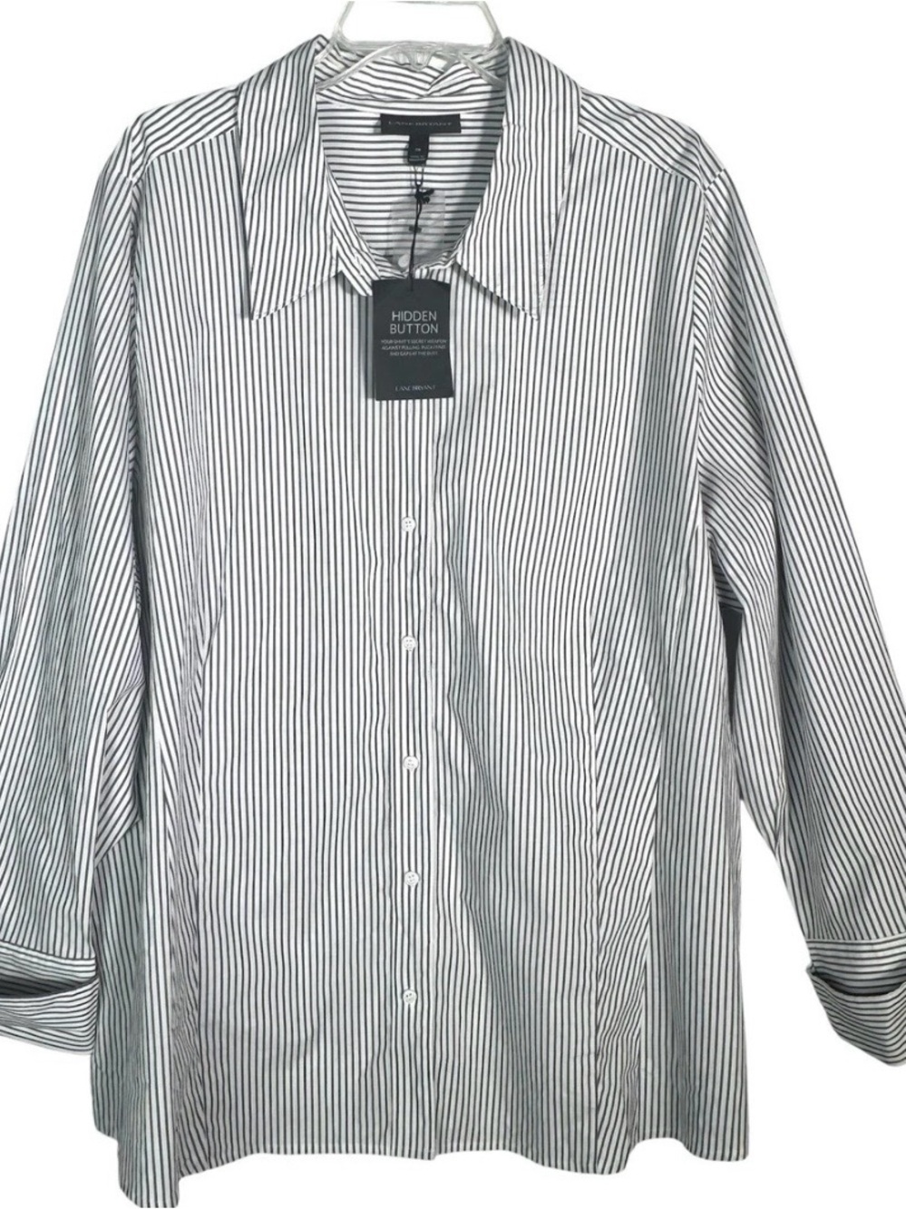 NEW Lane Bryant White Gray Stripe Button Blouse Womens Sz 28 Stretch Cotton NWT